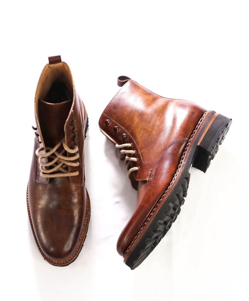$600 HARISS Firenze - Brown Leather Combat Boots - 8.5 US (7.5UK)